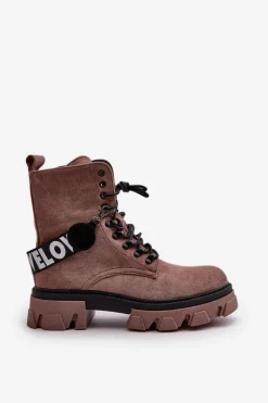 Best Zamszowe Wysokie Botki Z Ociepleniem Jasnobrązowe Danity Damskie Damskie Trapery|Botki Sznurowane