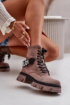Best Zamszowe Wysokie Botki Z Ociepleniem Jasnobrązowe Danity Damskie Damskie Trapery|Botki Sznurowane