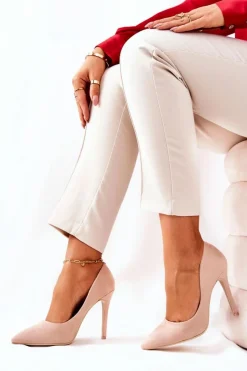 Szpilki Zamszowe></noscript>Boto Zamszowe Wysokie Szpilki Beżowe Melany