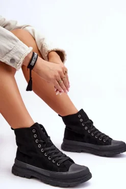 Clearance Zamszowe Wysokie Trampki Damskie Czarne Eleamia Damskie Trampki Damskie Wysokie