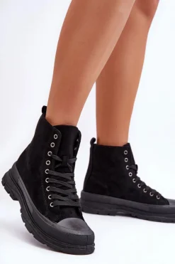 Clearance Zamszowe Wysokie Trampki Damskie Czarne Eleamia Damskie Trampki Damskie Wysokie