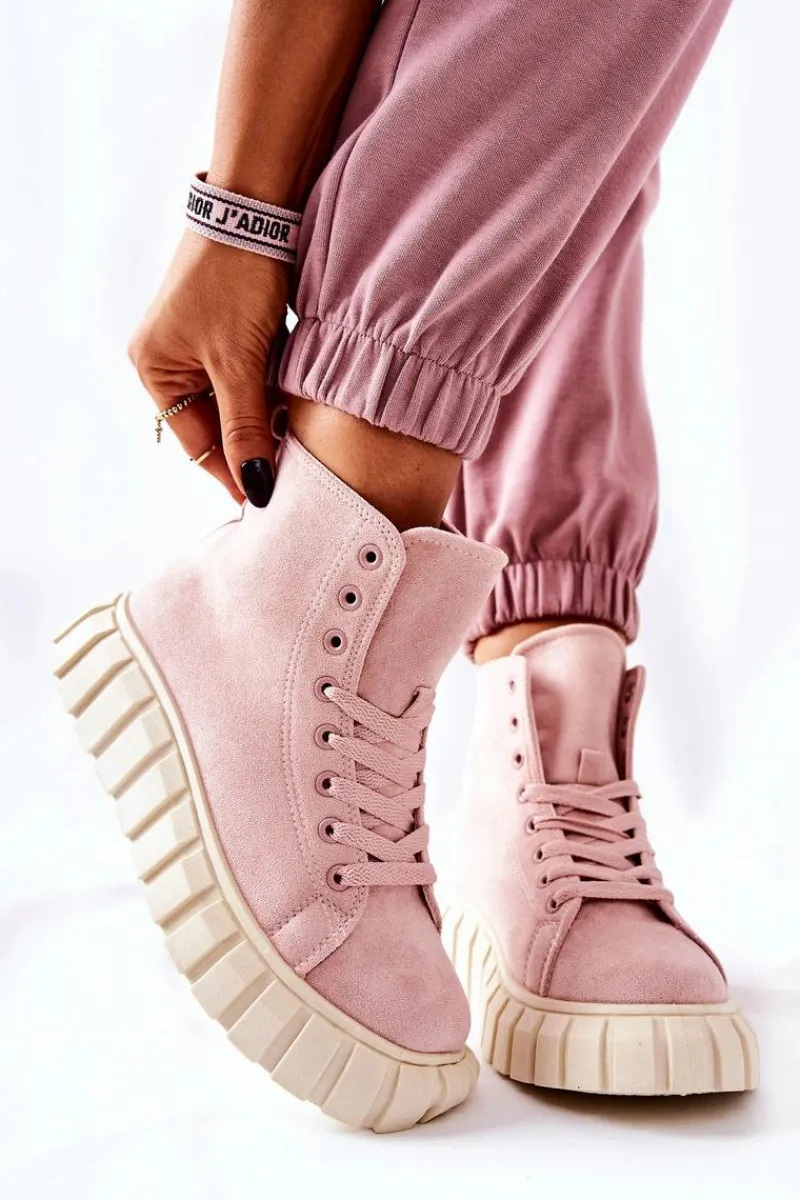 Trampki Damskie Wysokie>Boto Zamszowe Wysokie Trampki Na Platformie Różowe Meniphise