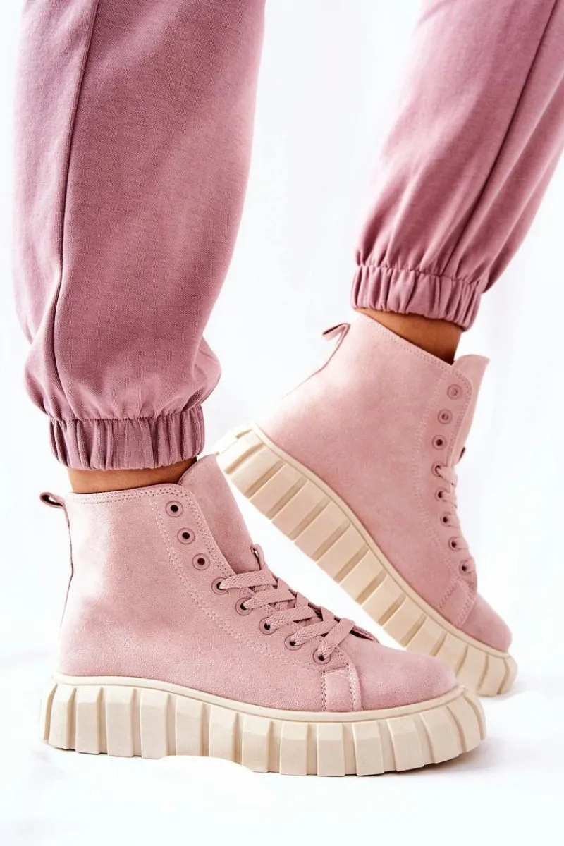Trampki Damskie Wysokie>Boto Zamszowe Wysokie Trampki Na Platformie Różowe Meniphise