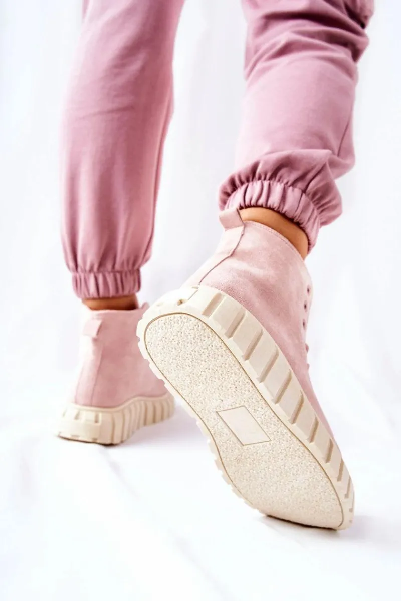 Trampki Damskie Wysokie>Boto Zamszowe Wysokie Trampki Na Platformie Różowe Meniphise