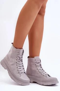 Discount Zamszowe Wysokie Trampki Damskie Szare Eleamia Damskie Trampki Damskie Wysokie