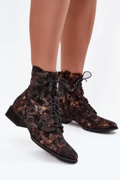 Botki Maciejka|Botki Skórzane>Maciejka Zamszowe Wzorzyste Botki Na Płaskim Obcasie 06391-02 Czarno-Złote