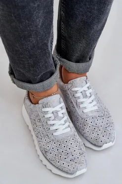 Damskie buty S.Barski Zamszowe Wzorzyste Buty Sportowe Na Platformie Z Brokatem D&A LR51-635 Srebrne Srebrny