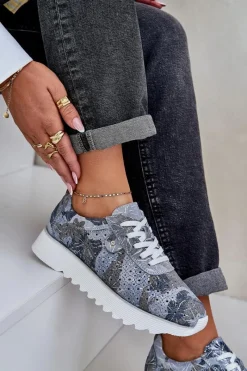 Buty Sportowe Na Platformie|Sneakersy Damskie>Damskie buty S.Barski Zamszowe Wzorzyste Buty Sportowe Na Platformie Z Brokatem D&A LR51-635 e Niebieski