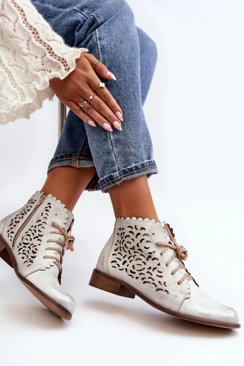 New 2871 Ażurowe Botki Damskie Sznurowane Srebrne Damskie Botki Wiosenne|Botki Skórzane