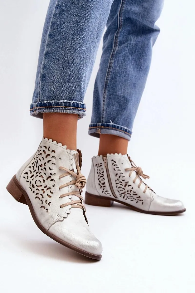 New 2871 Ażurowe Botki Damskie Sznurowane Srebrne Damskie Botki Wiosenne|Botki Skórzane