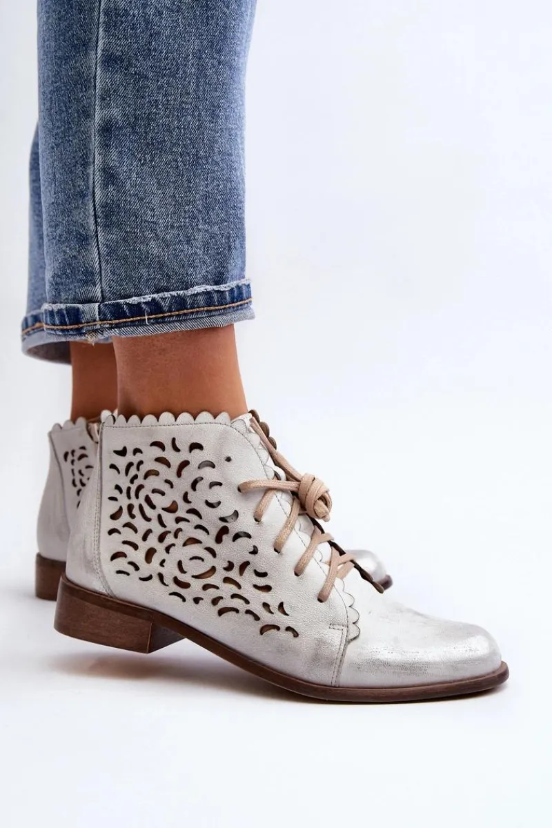 New 2871 Ażurowe Botki Damskie Sznurowane Srebrne Damskie Botki Wiosenne|Botki Skórzane