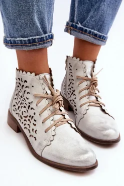 New 2871 Ażurowe Botki Damskie Sznurowane Srebrne Damskie Botki Wiosenne|Botki Skórzane