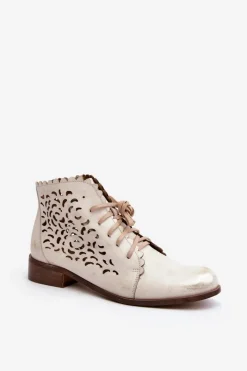 Botki Wiosenne|Botki Skórzane>Zazoo 2871 Ażurowe Botki Damskie Sznurowane Złote Przecierane