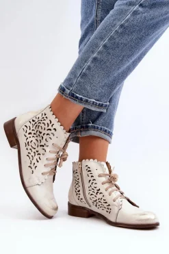 Botki Wiosenne|Botki Skórzane>Zazoo 2871 Ażurowe Botki Damskie Sznurowane Złote Przecierane