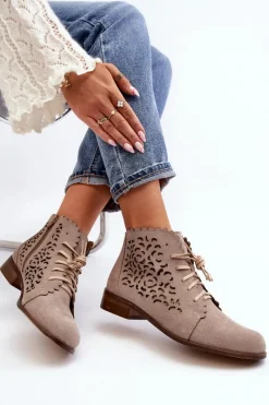 Sale 2871 Ażurowe Botki Damskie Sznurowane Beżowe Damskie Botki Wiosenne|Botki Skórzane