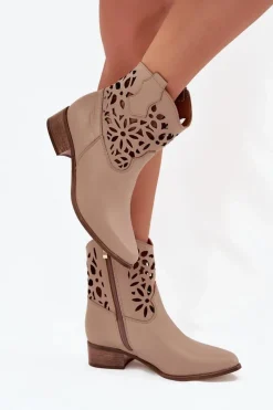 Outlet Zazoo 3404 Ażurowe Botki Kowbojki Na Niskim Obcasie Skórzane Ciemnobeżowe Damskie Botki Wiosenne|Botki Na Słupku