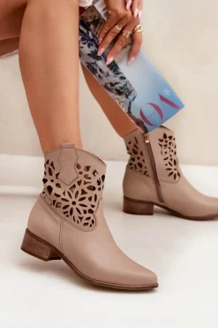 Outlet Zazoo 3404 Ażurowe Botki Kowbojki Na Niskim Obcasie Skórzane Ciemnobeżowe Damskie Botki Wiosenne|Botki Na Słupku