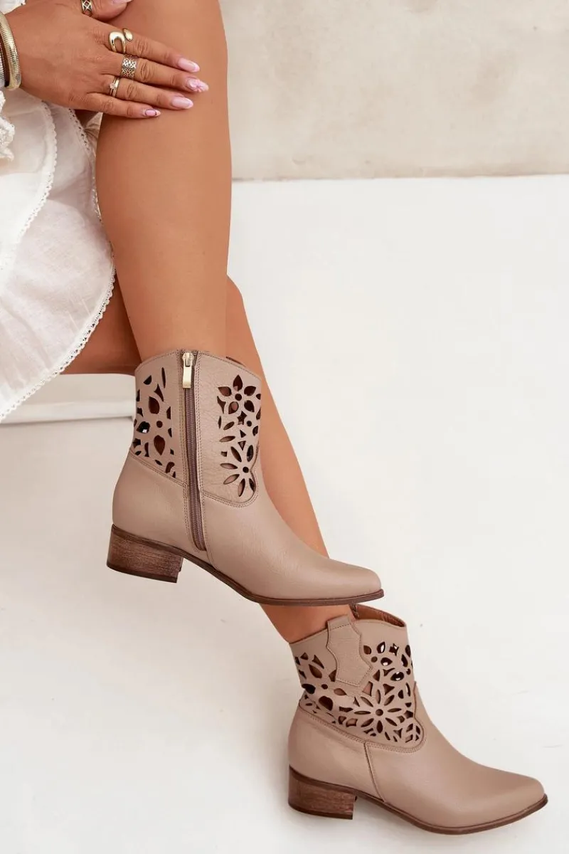 Outlet Zazoo 3404 Ażurowe Botki Kowbojki Na Niskim Obcasie Skórzane Ciemnobeżowe Damskie Botki Wiosenne|Botki Na Słupku