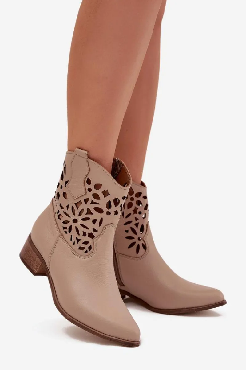 Outlet Zazoo 3404 Ażurowe Botki Kowbojki Na Niskim Obcasie Skórzane Ciemnobeżowe Damskie Botki Wiosenne|Botki Na Słupku