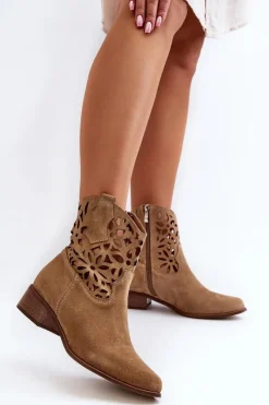 Botki Wiosenne|Botki Na Słupku>Boto Zazoo 3404 Ażurowe Botki Kowbojki Na Niskim Obcasie Zamszowe Jasnobeżowe Beżowy