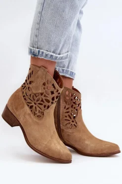 Botki Wiosenne|Botki Na Słupku>Boto Zazoo 3404 Ażurowe Botki Kowbojki Na Niskim Obcasie Zamszowe Beżowe
