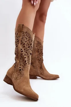 Kozaki Wiosenne|Kozaki Ażurowe>Zazoo 3403 Ażurowe Kozaki Damskie Na Niskim Obcasie Beżowe