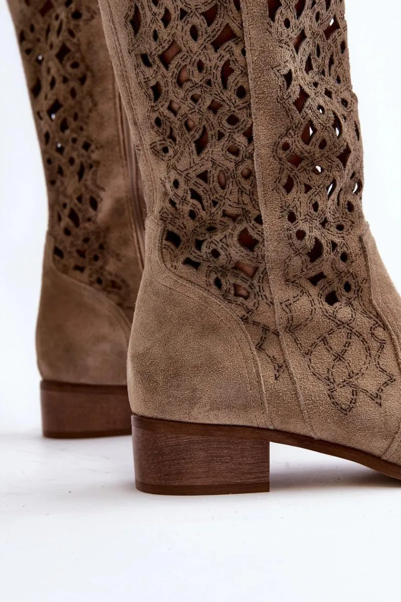 Zazoo 3403 Ażurowe Kozaki Damskie Na Niskim Obcasie Jasnobeżowe