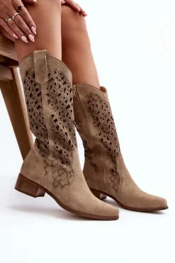 Zazoo 3403 Ażurowe Kozaki Damskie Na Niskim Obcasie Jasnobeżowe