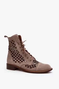 Discount 2695 Ażurowe Skórzane Botki Beżowe Damskie Botki Wiosenne|Botki Skórzane