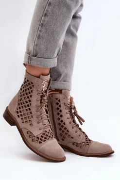 Discount 2695 Ażurowe Skórzane Botki Beżowe Damskie Botki Wiosenne|Botki Skórzane
