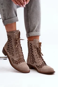 Discount 2695 Ażurowe Skórzane Botki Beżowe Damskie Botki Wiosenne|Botki Skórzane