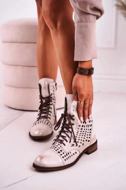 Sale 2627 Ażurowe Skórzane Botki Biało-Srebrne Damskie Botki Wiosenne|Botki Skórzane