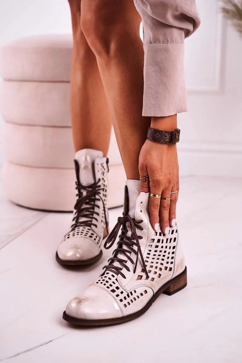 Sale 2627 Ażurowe Skórzane Botki Biało-Srebrne Damskie Botki Wiosenne|Botki Skórzane