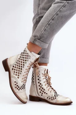 Botki Wiosenne|Botki Skórzane>Zazoo 2695 Ażurowe Skórzane Botki Przecierany Złoty
