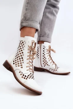 Clearance Zazoo 2695 Ażurowe Skórzane Botki Białe Biały