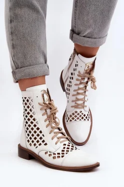 Clearance Zazoo 2695 Ażurowe Skórzane Botki Białe Biały