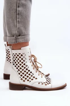Clearance Zazoo 2695 Ażurowe Skórzane Botki Białe Biały