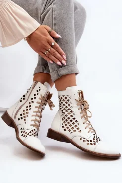 Clearance Zazoo 2695 Ażurowe Skórzane Botki Białe Biały