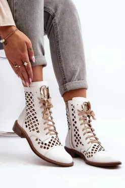 Clearance Zazoo 2695 Ażurowe Skórzane Botki Białe Biały
