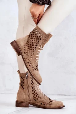Discount 2695 Ażurowe Skórzane Botki Camel Damskie Botki Wiosenne|Botki Sznurowane