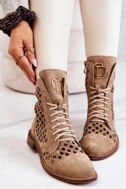 Discount 2695 Ażurowe Skórzane Botki Camel Damskie Botki Wiosenne|Botki Sznurowane