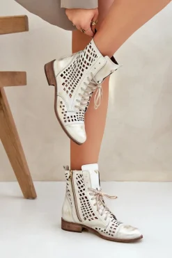 Online Zazoo 2627 Ażurowe Skórzane Botki Złoty Przecierany
