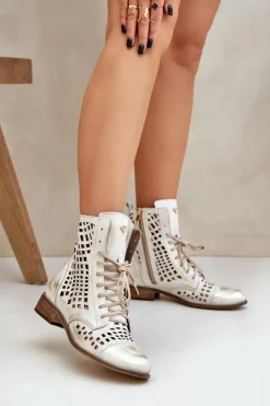 Online Zazoo 2627 Ażurowe Skórzane Botki Złoty Przecierany