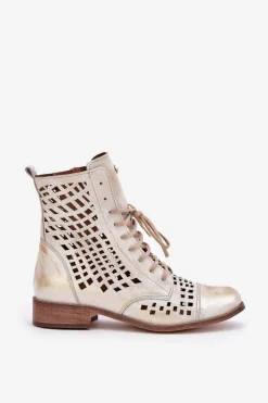 Online Zazoo 2627 Ażurowe Skórzane Botki Złoty Przecierany