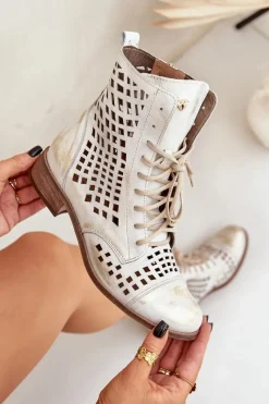 Online Zazoo 2627 Ażurowe Skórzane Botki Złoty Przecierany