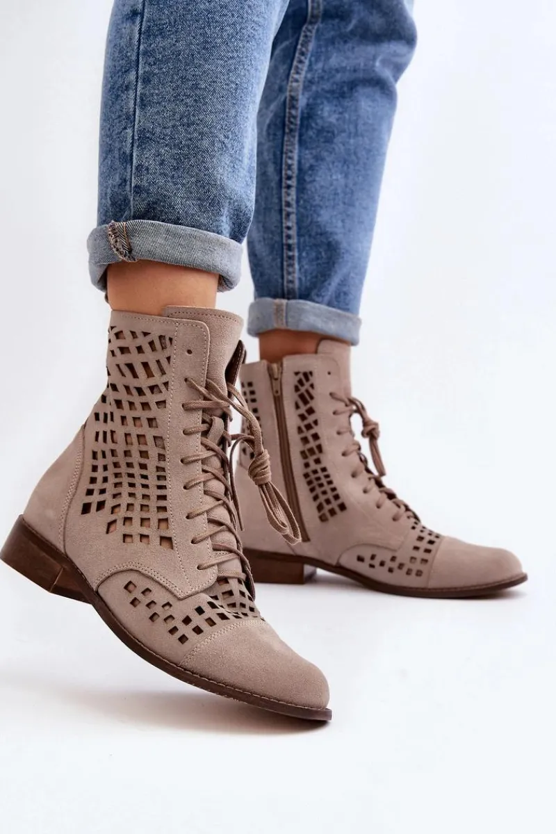 Botki Wiosenne|Botki Skórzane>Zazoo 2627 Ażurowe Skórzane Botki Beżowe Beżowy