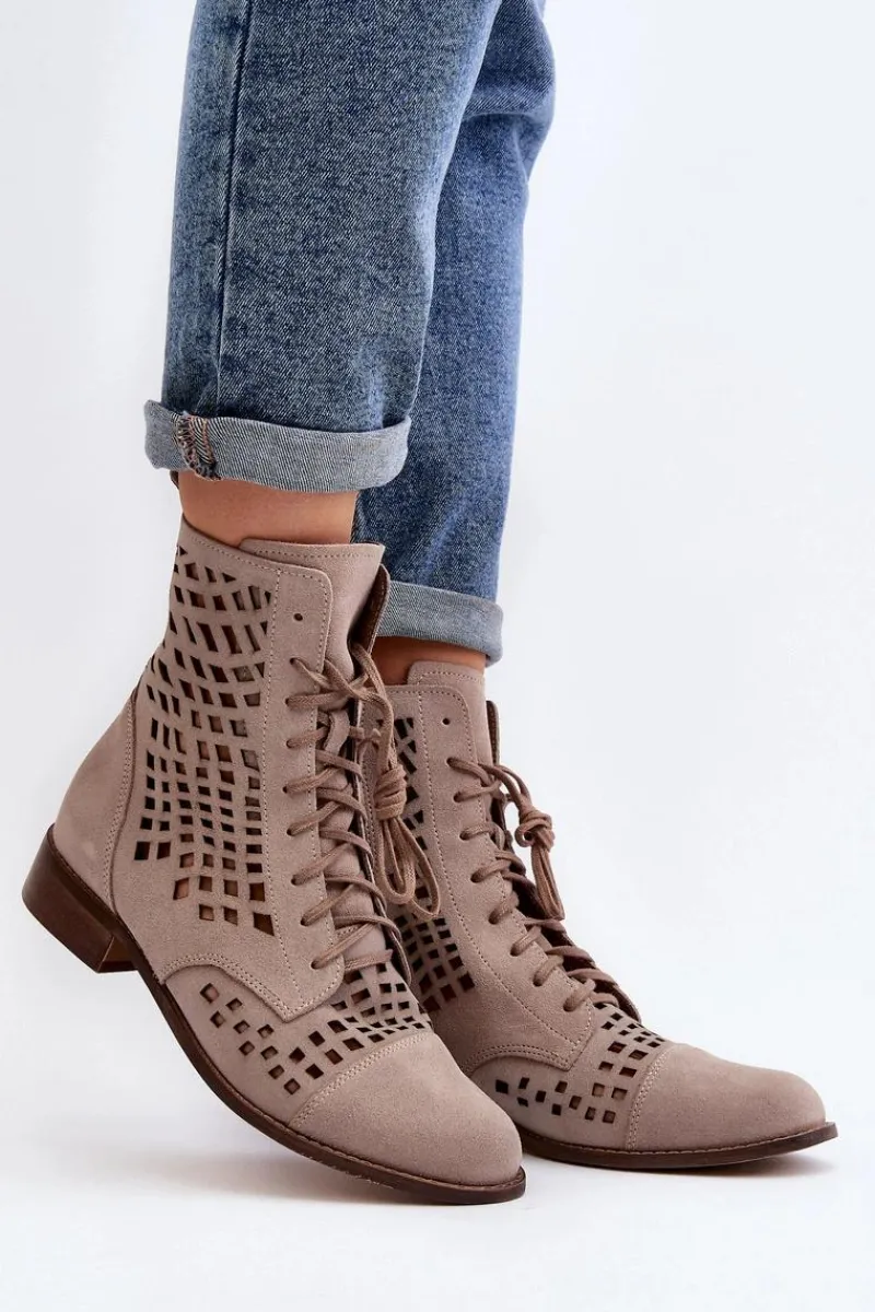 Botki Wiosenne|Botki Skórzane>Zazoo 2627 Ażurowe Skórzane Botki Beżowe Beżowy