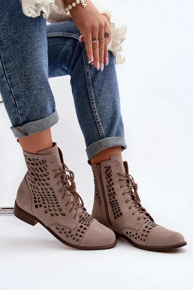 Botki Wiosenne|Botki Skórzane>Zazoo 2627 Ażurowe Skórzane Botki Beżowe Beżowy