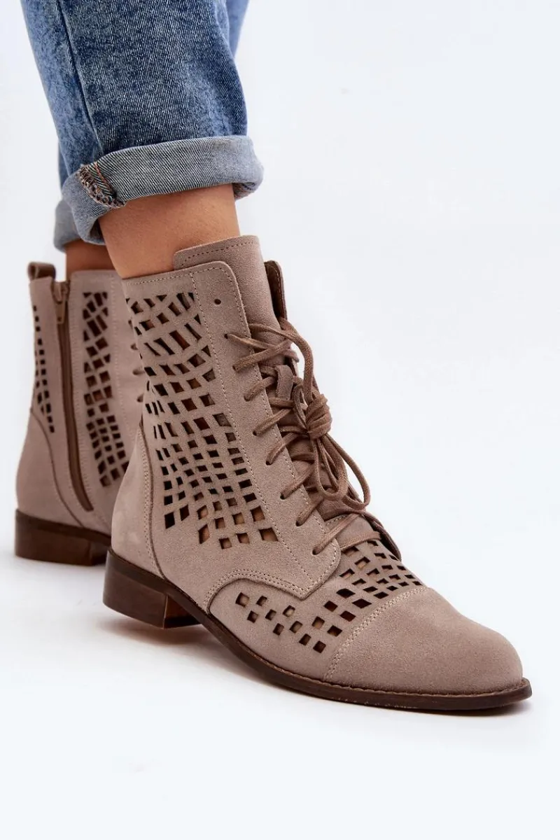 Botki Wiosenne|Botki Skórzane>Zazoo 2627 Ażurowe Skórzane Botki Beżowe Beżowy