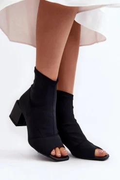 Outlet 2876 Botki Damskie Na Obcasie Z Odkrytymi Noskami Czarne Damskie Botki Wiosenne|Czarne Botki